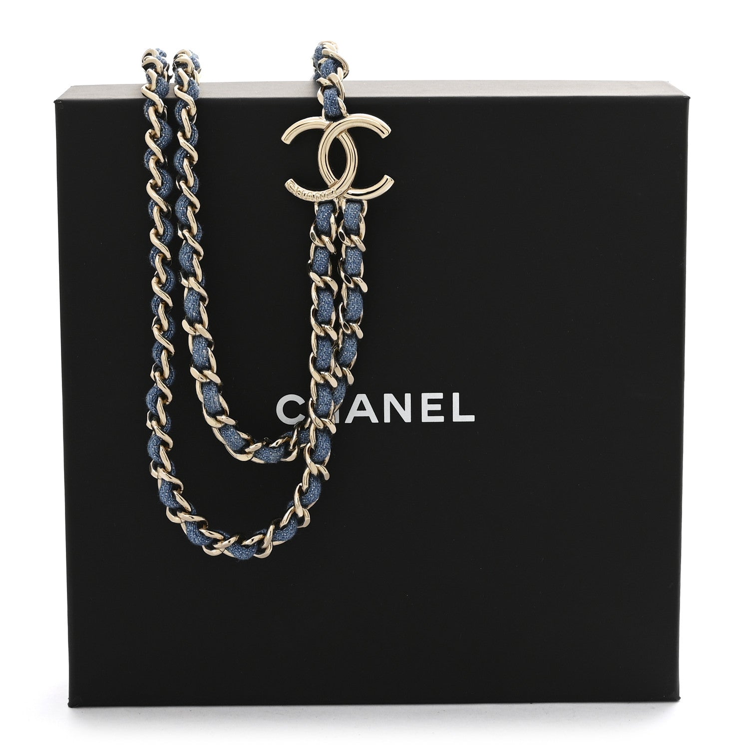 Chanel Metal Denim CC Double Chain Necklace Blue Gold 7 of 7