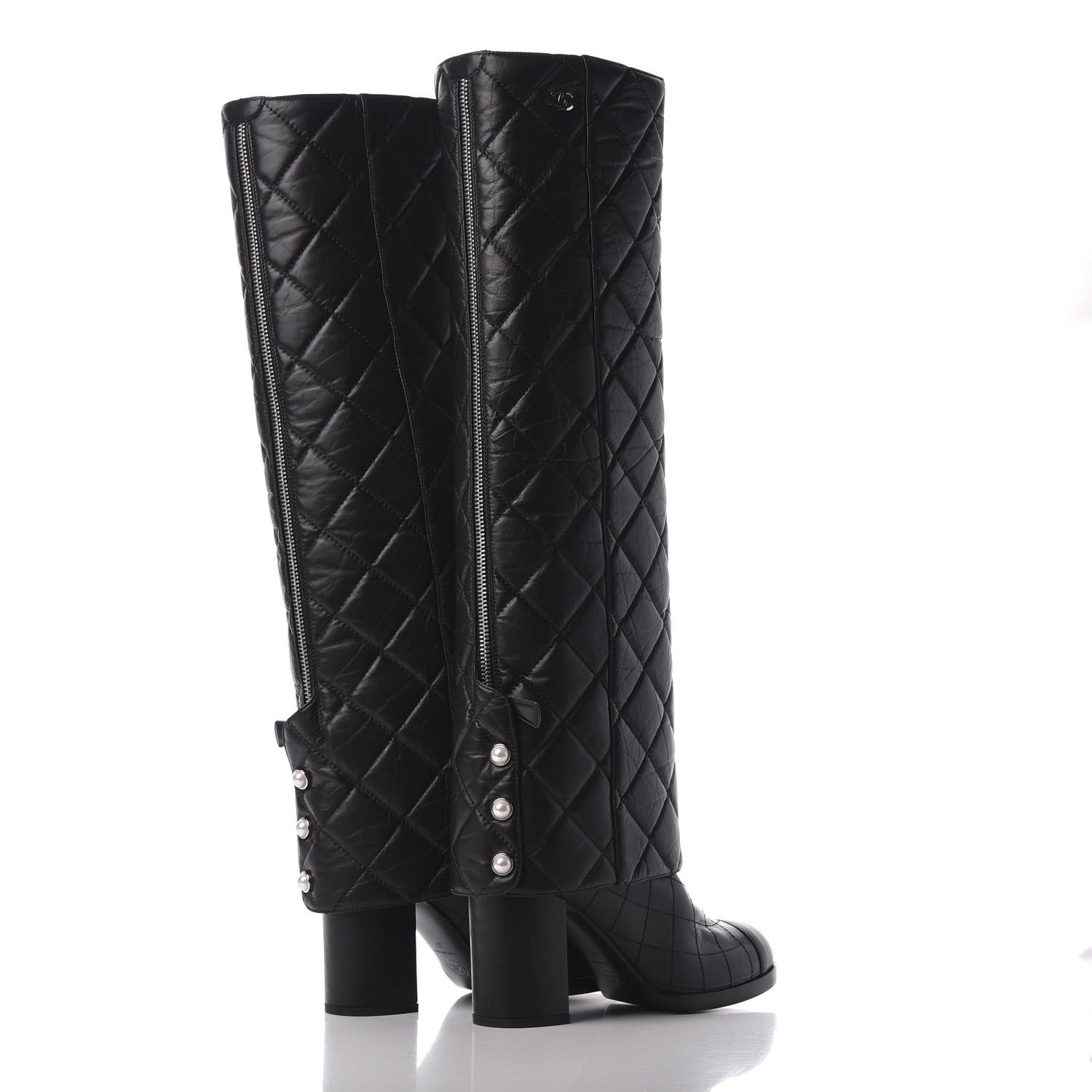 Chanel Aged Calfskin Quilted Pearl CC High Boots 37 Black 4 of 8