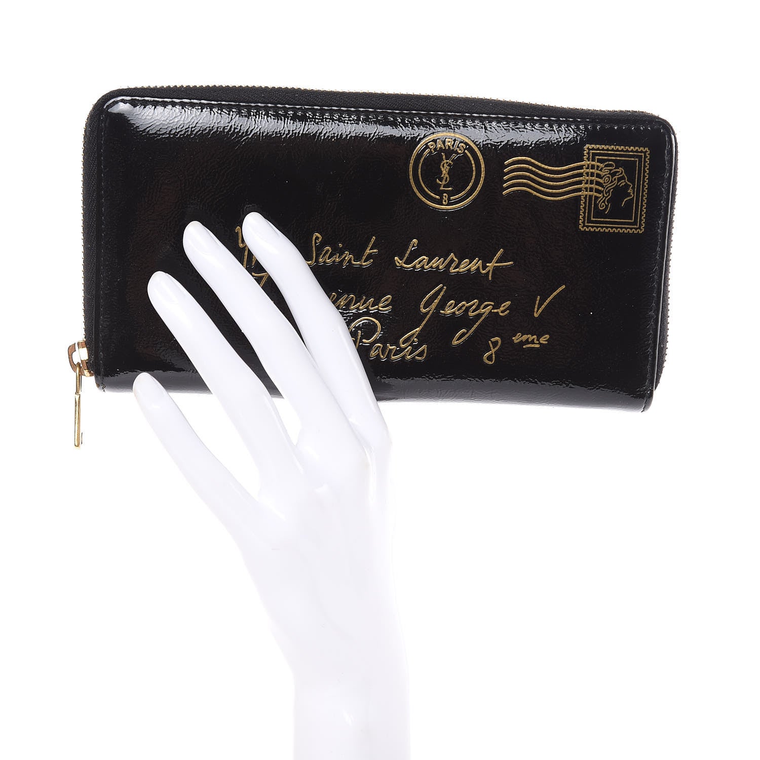 Saint Laurent Patent Y Mail Zip Around Wallet Black 2 of 12