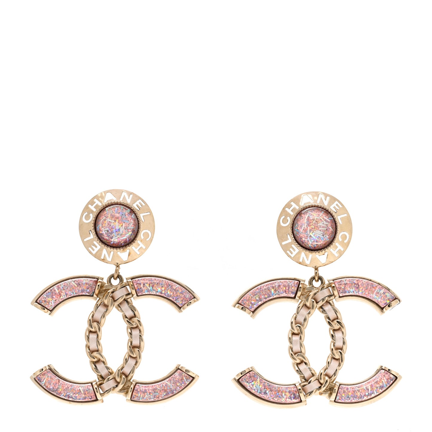 Glitter Lambskin Metal Chain CC Drop Earrings Pink Gold