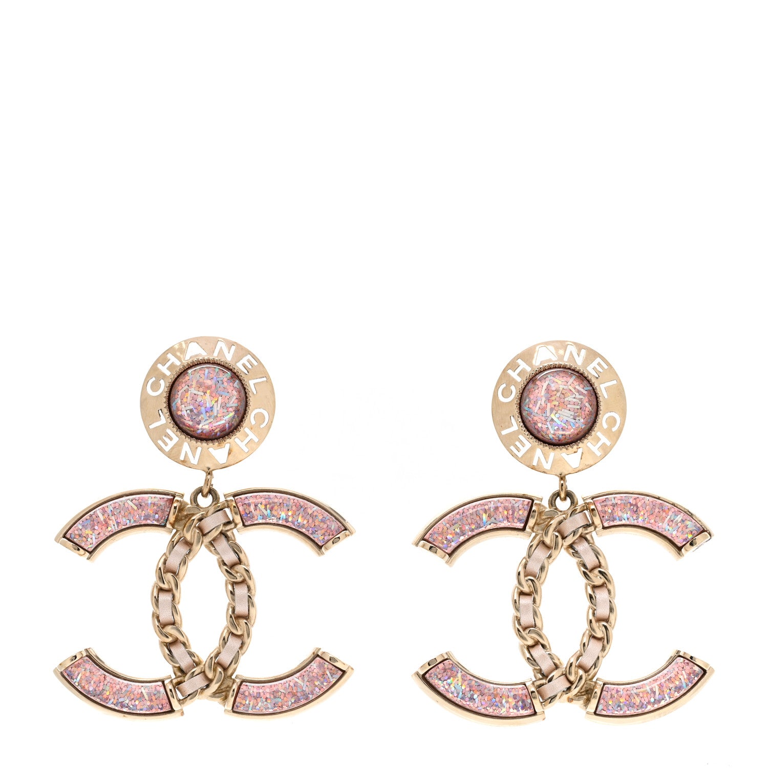Chanel Glitter Lambskin Metal Chain CC Drop Earrings Pink Gold 1 of 4