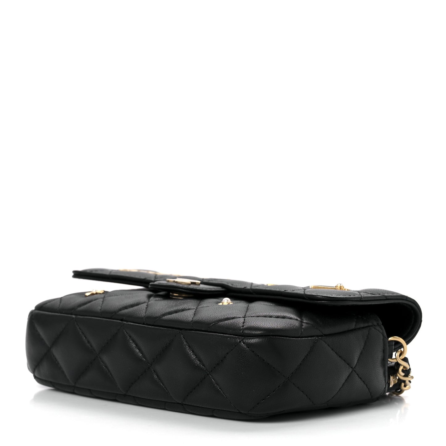 Lambskin Quilted Charm Flap Phone Holder With Chain Black