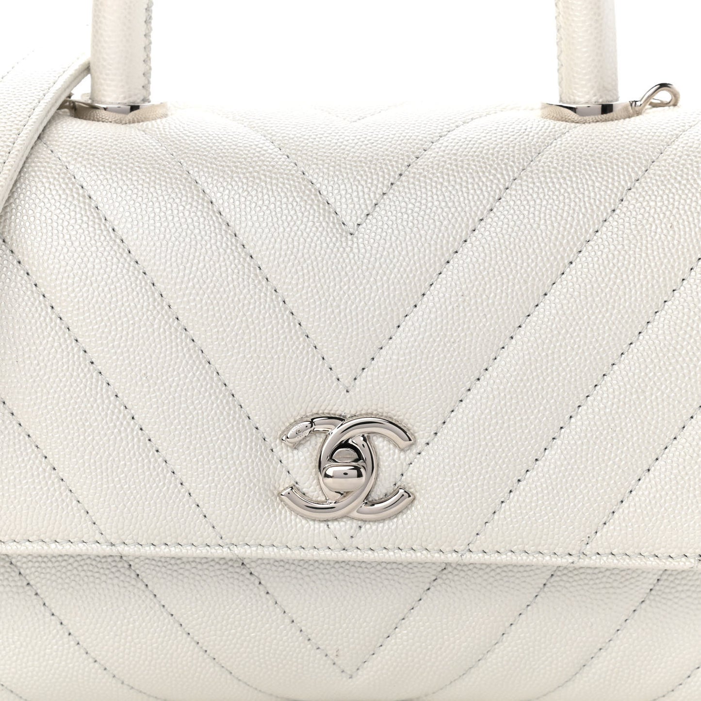 Iridescent Caviar Chevron Quilted Mini Coco Handle Flap White
