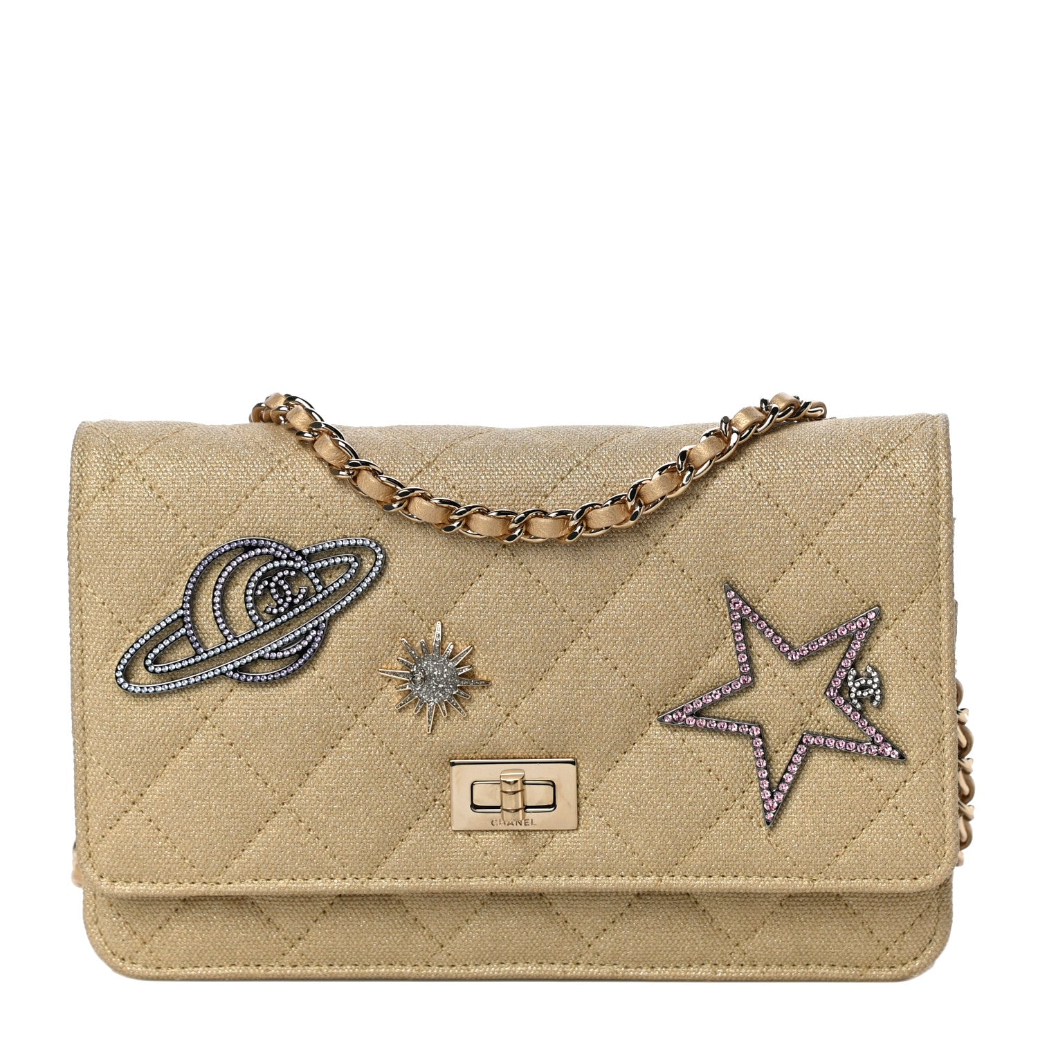 Chanel Metallic Canvas Quilted Space Charms Wallet On Chain WOC Gold 1 of 10