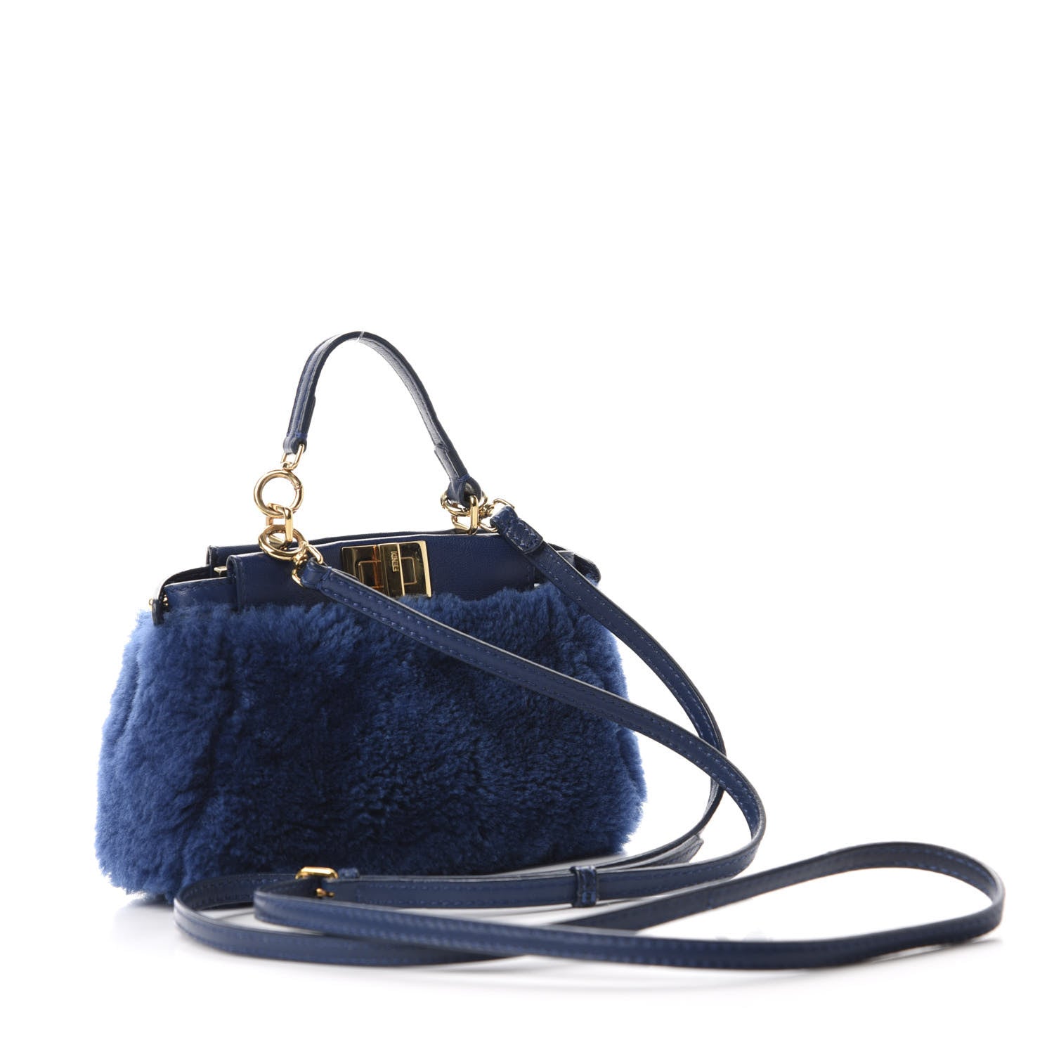 Fendi Shearling Shiny Nappa Micro Peekaboo Iconic Satchel Blue 3 of 11