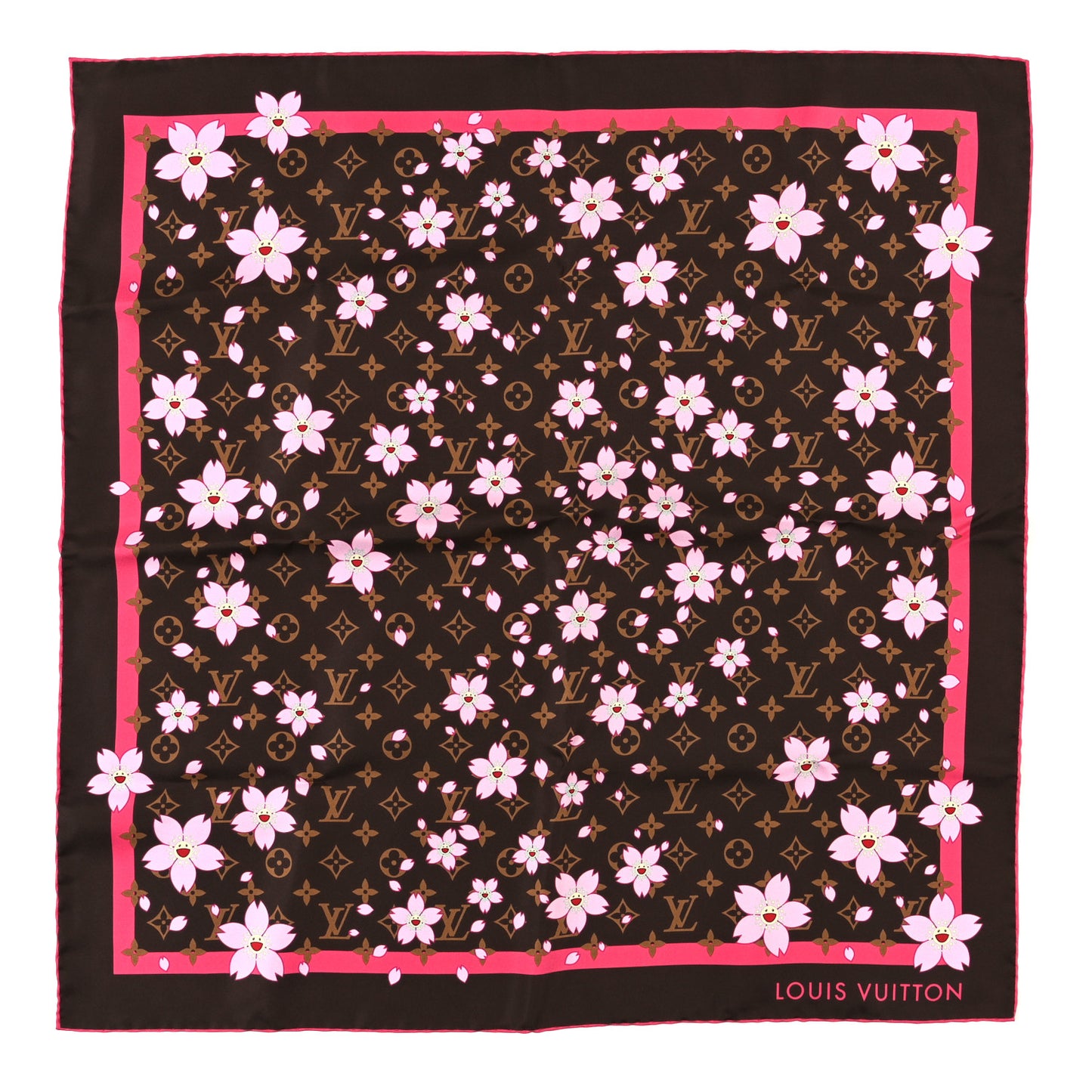 LV X TM Silk Cotton Monogram Cherry Blossom Square Scarf 70 Sakura Brown