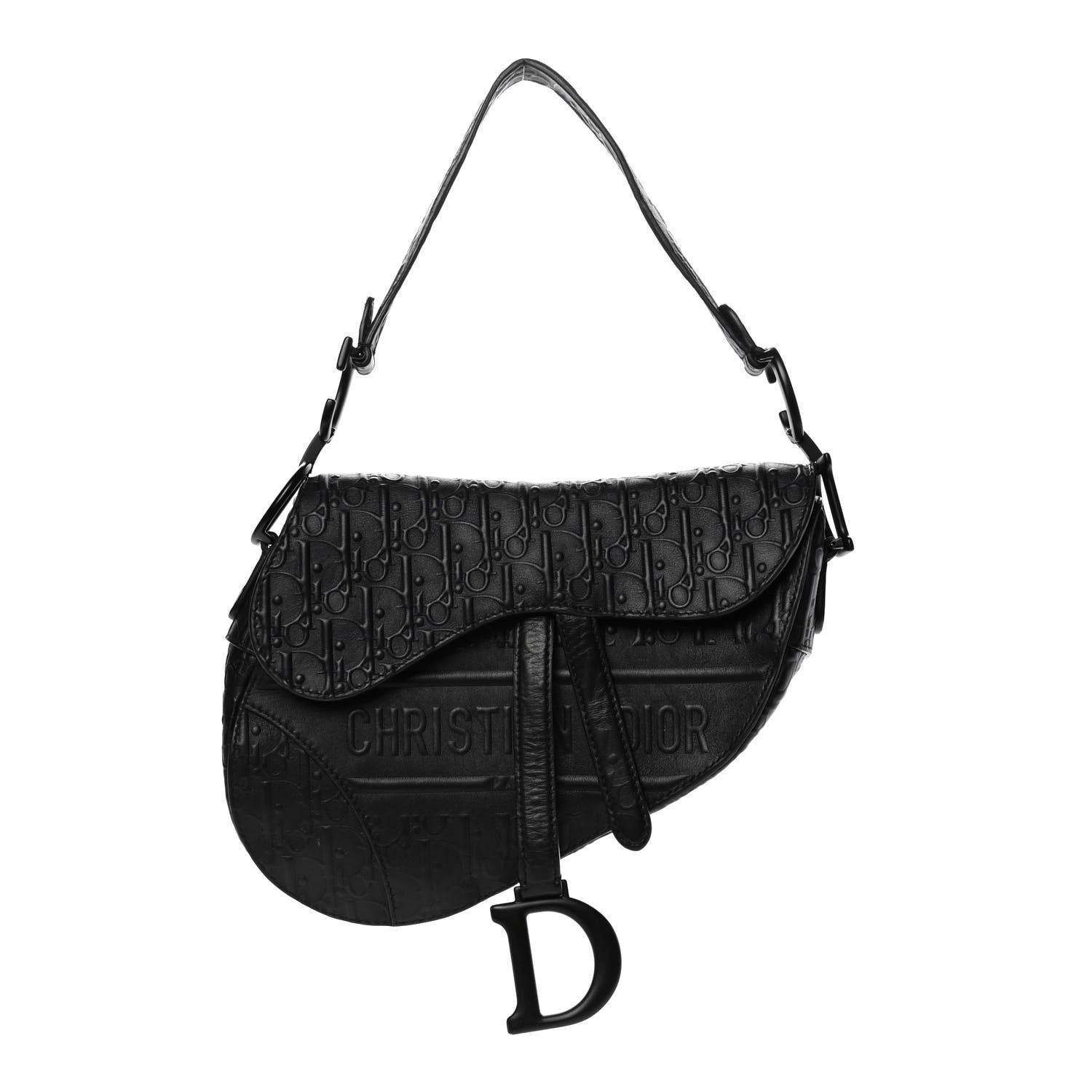 Christian Dior Calfskin Embossed Oblique Saddle Bag Black 1 of 13