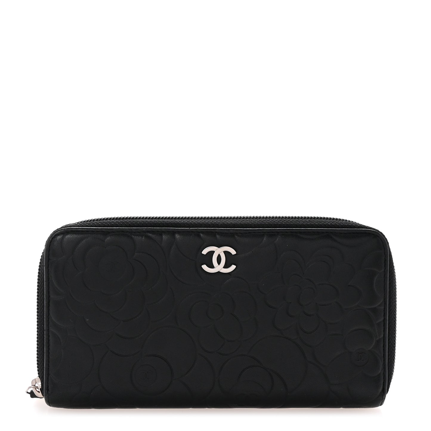Lambskin Camellia Embossed Large Zip Around Gusset Wallet Black