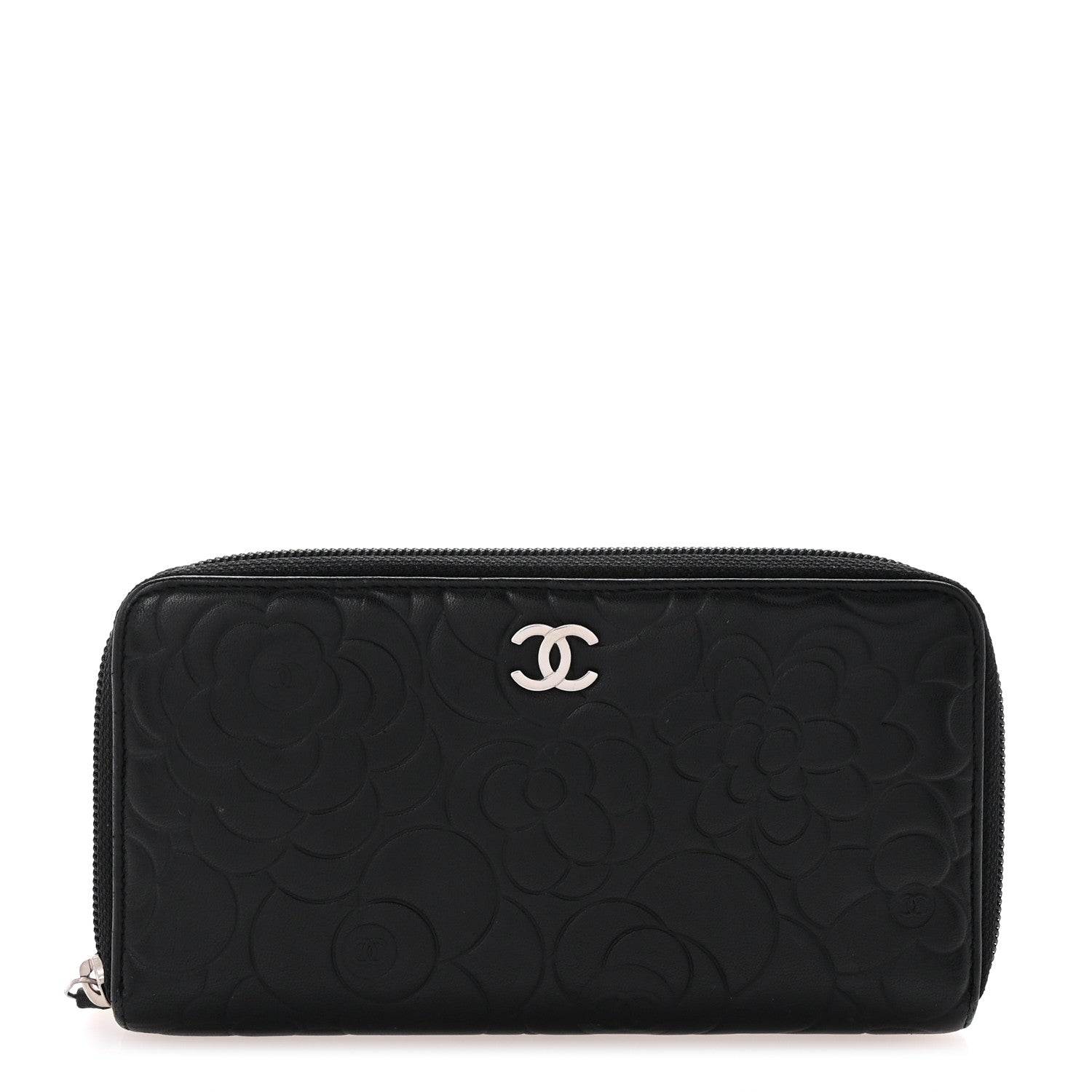 Chanel Lambskin Camellia Embossed Large Zip Around Gusset Wallet Black 1 of 8