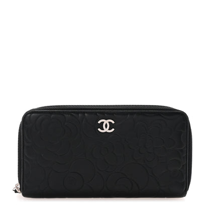 Chanel Lambskin Camellia Embossed Large Zip Around Gusset Wallet Black 1 of 8