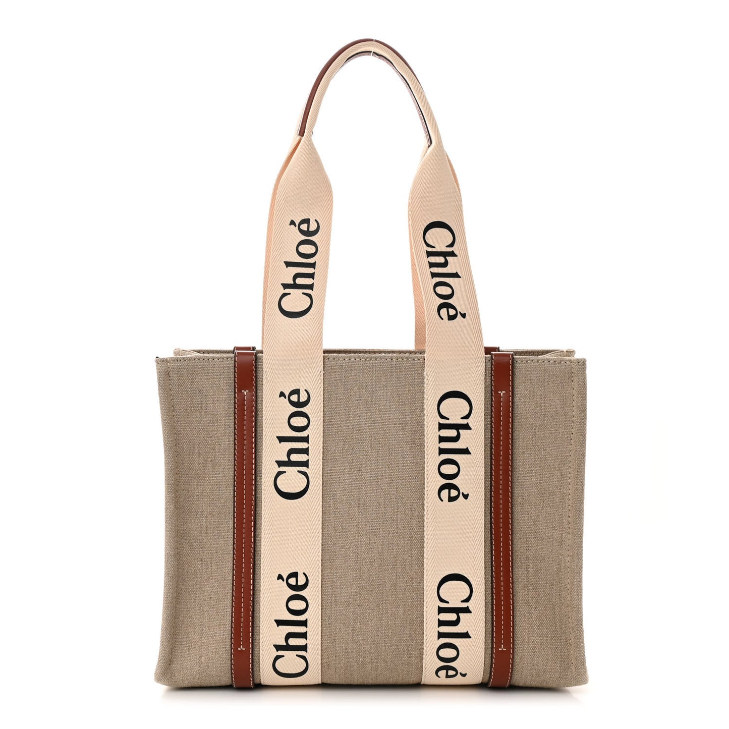 Linen Calfskin Medium Woody Ribbon Tote White Brown