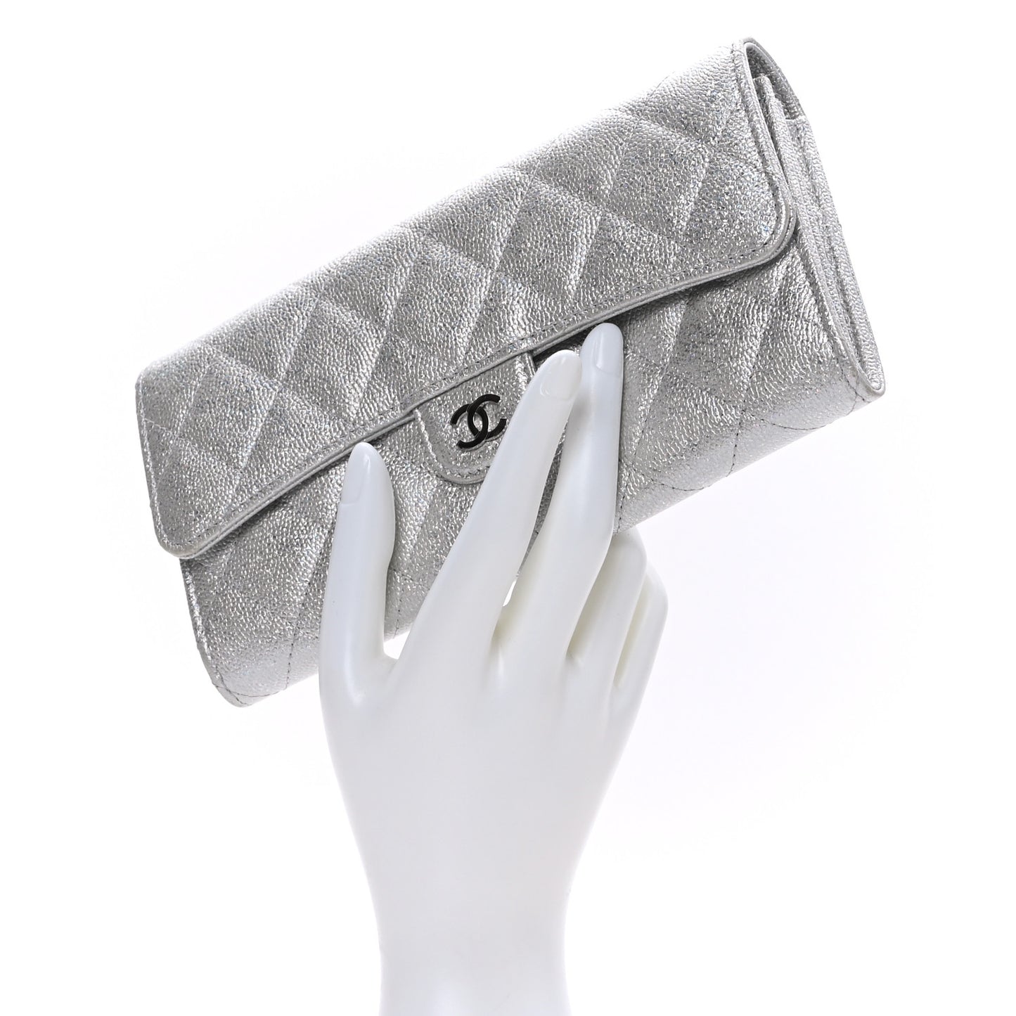 Glittered Metallic Caviar Quilted Large Flap Wallet Silver