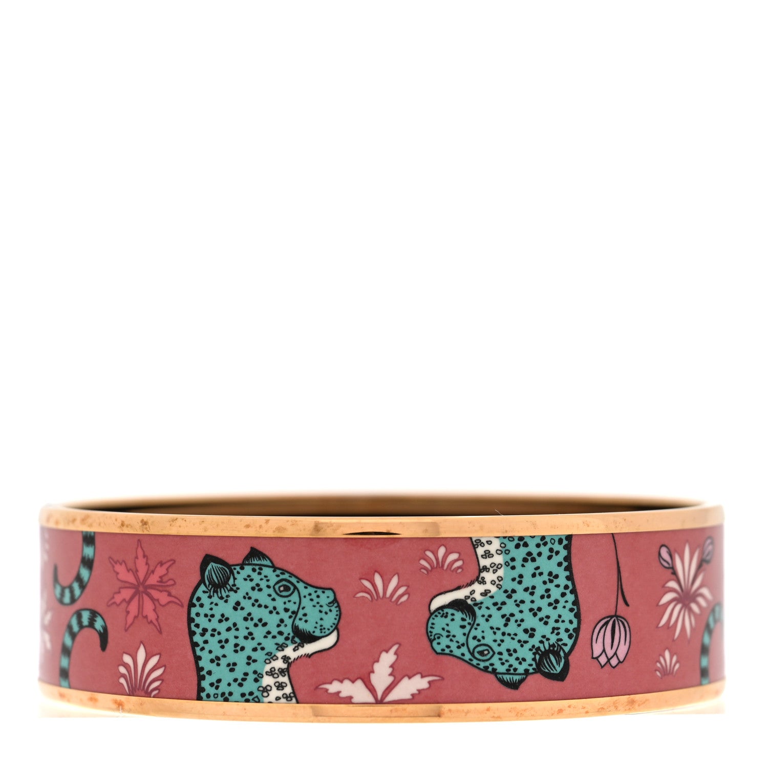 Hermes Enamel Printed Wide Les Leopards Bracelet 65 Rose Couture 1 of 6