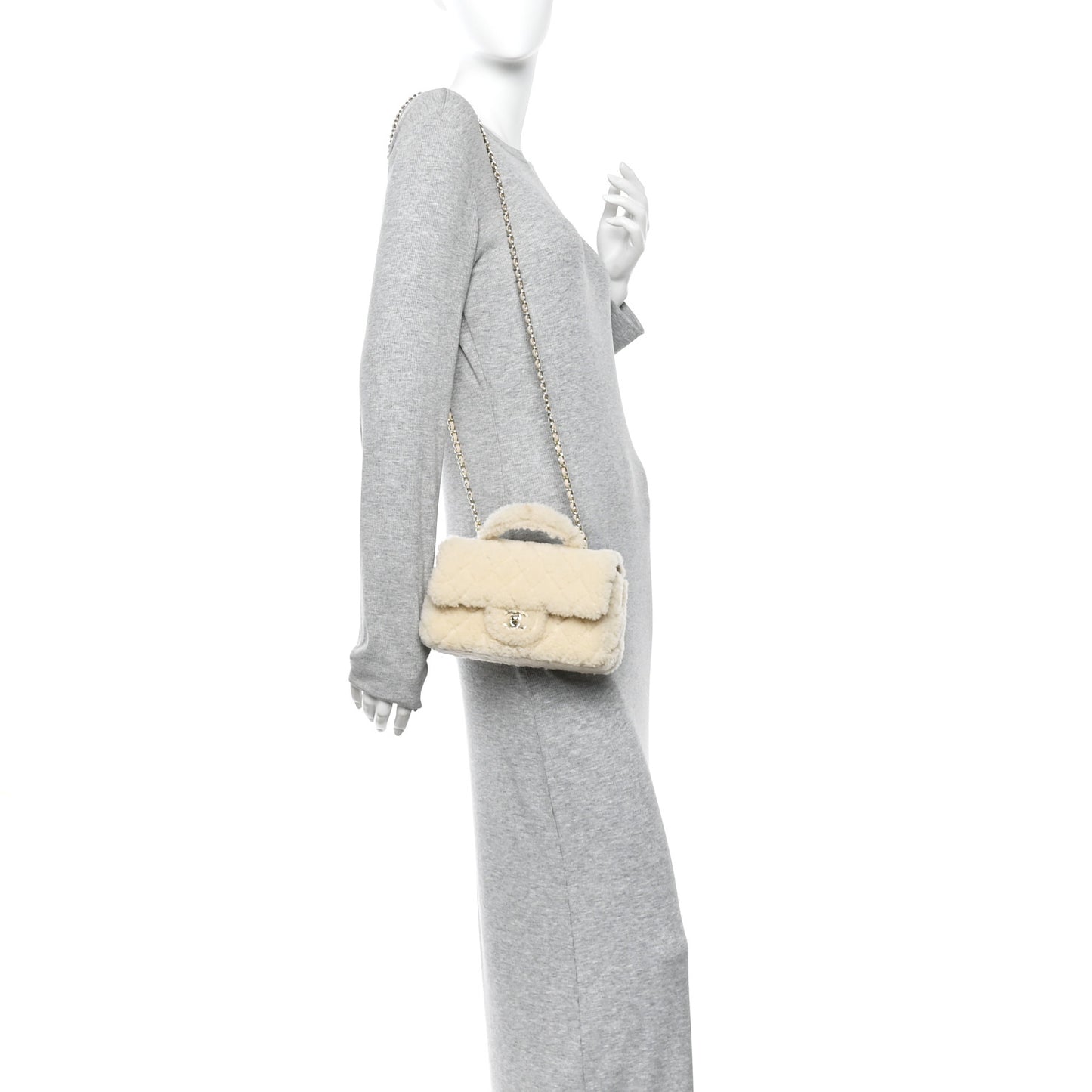 Shearling Quilted Mini Top Handle Rectangular Flap Ecru