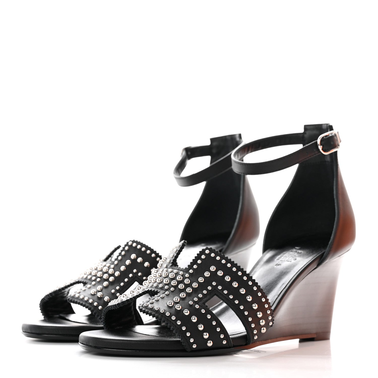Hermes Calfskin Clous Legend Wedge Sandals 36 Black 3 of 12