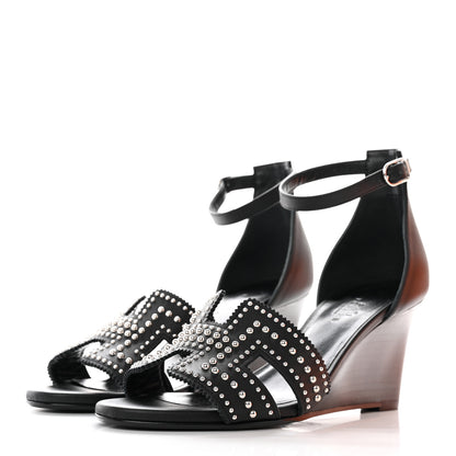 Hermes Calfskin Clous Legend Wedge Sandals 36 Black 3 of 12