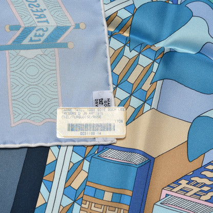 Hermes Silk Les Tresors D Un Artiste Scarf 90 Ciel Turquoise Rose 7 of 7