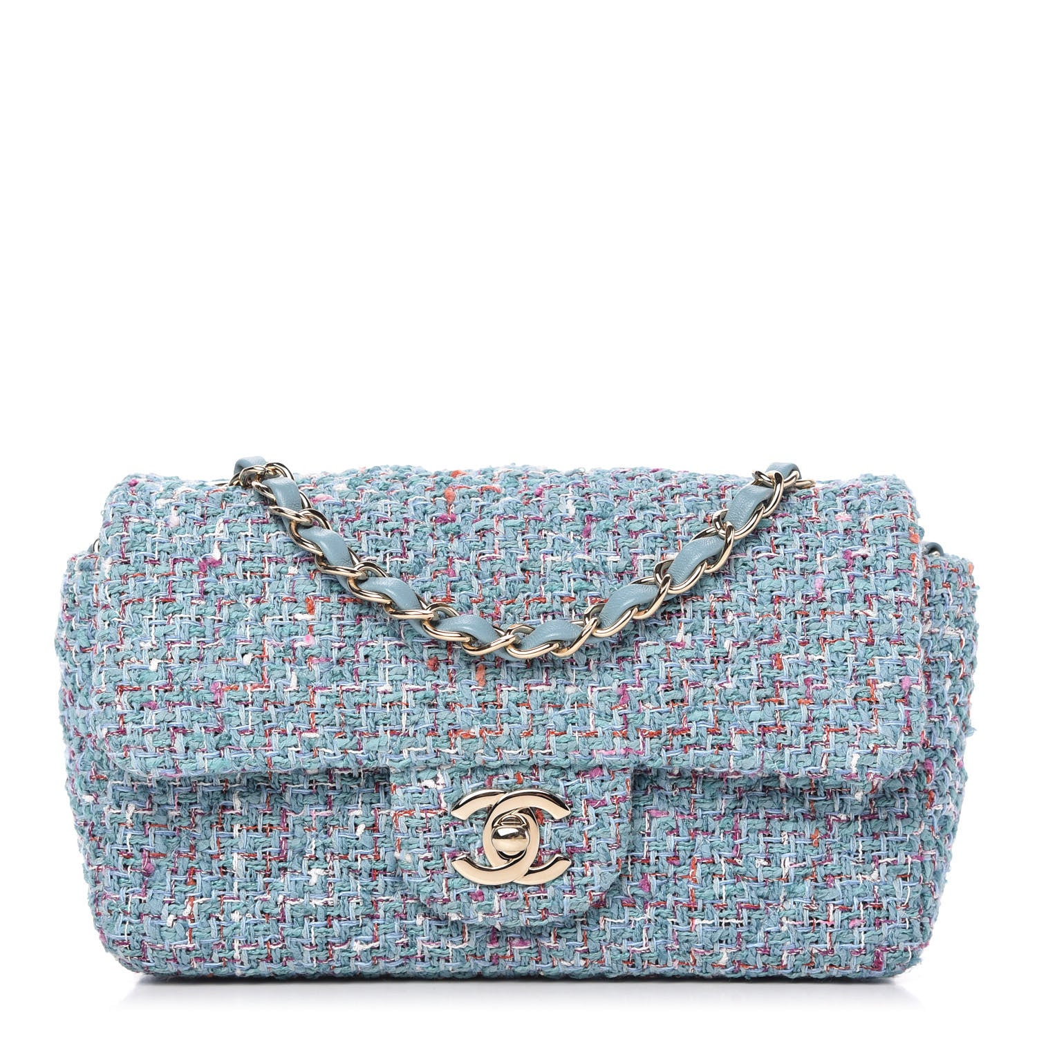 Chanel Tweed Quilted Mini Rectangular Flap Turquoise Purple White Red 1 of 10