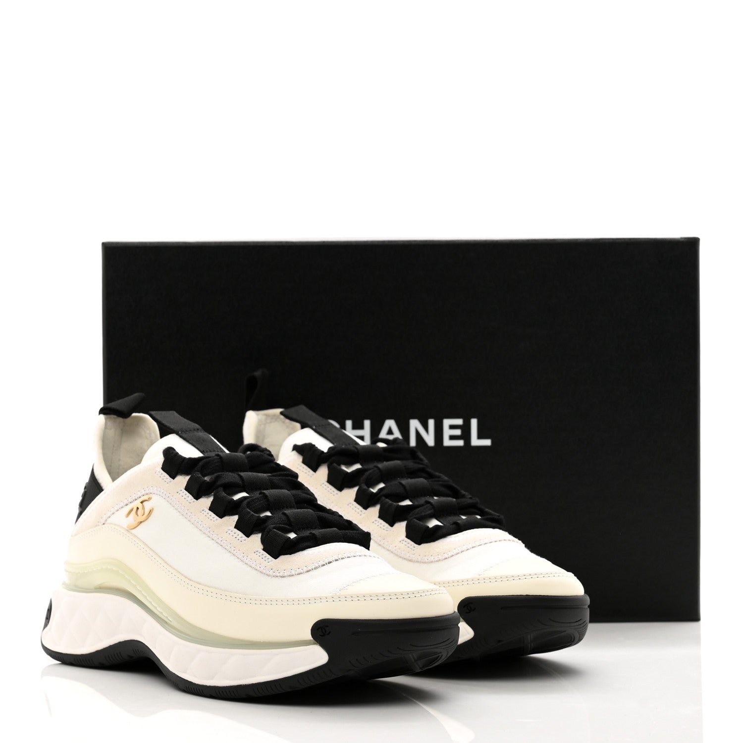 Chanel Fabric Suede Calfskin CC Sneakers 37 Ivory Black 9 of 9