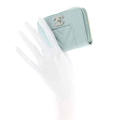 Chanel Metallic Caviar Chevron Quilted Vintage Mademoiselle Zip Coin Purse Light Blue 2 of 7