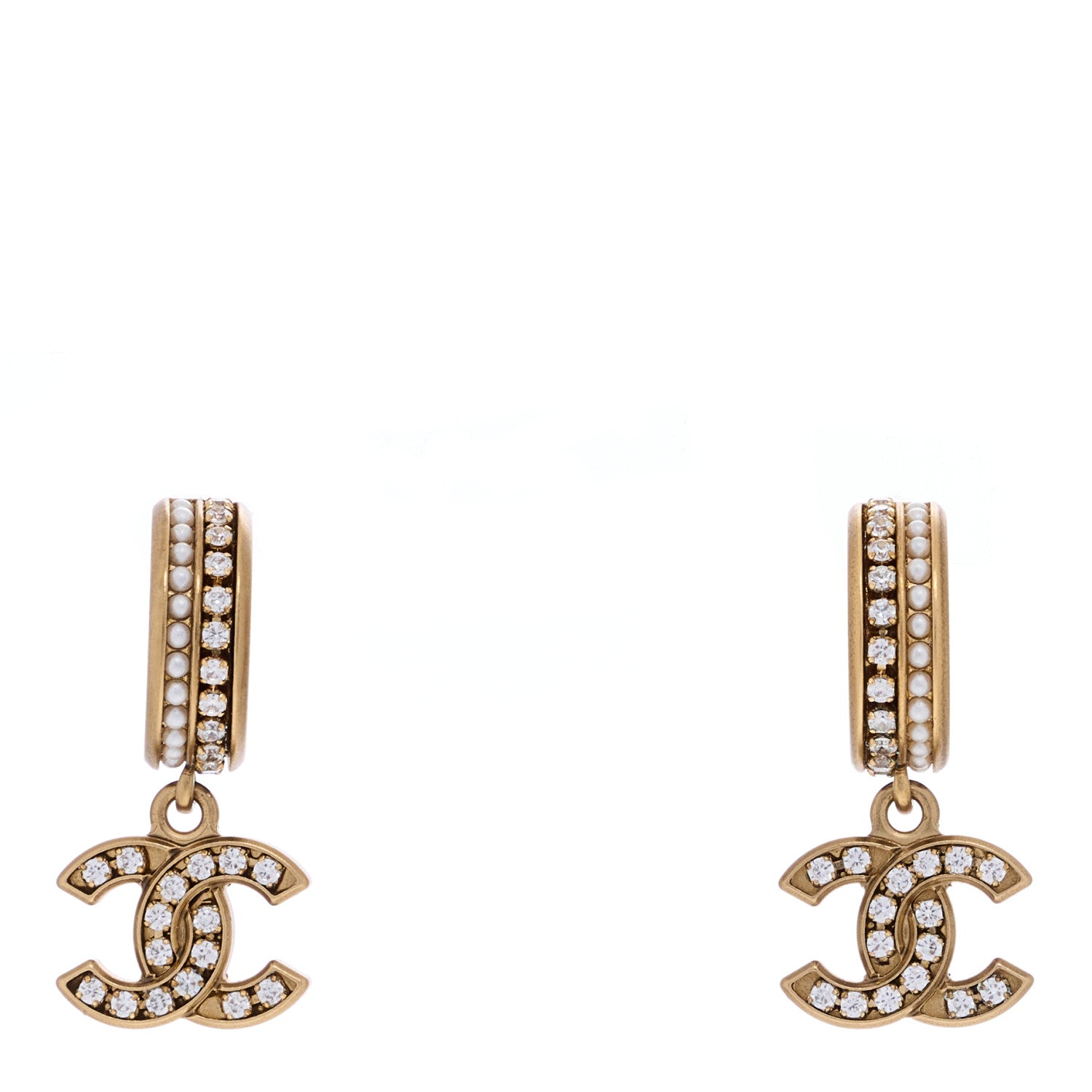 Chanel Crystal Pearl CC Hoop Drop Earrings Gold 1 of 4