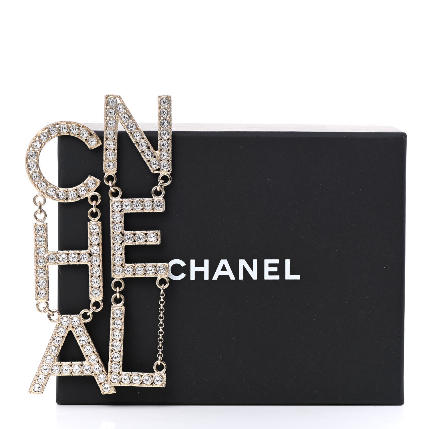 Chanel Crystal Cha-Nel Logo Drop Earrings Gold 5 of 5
