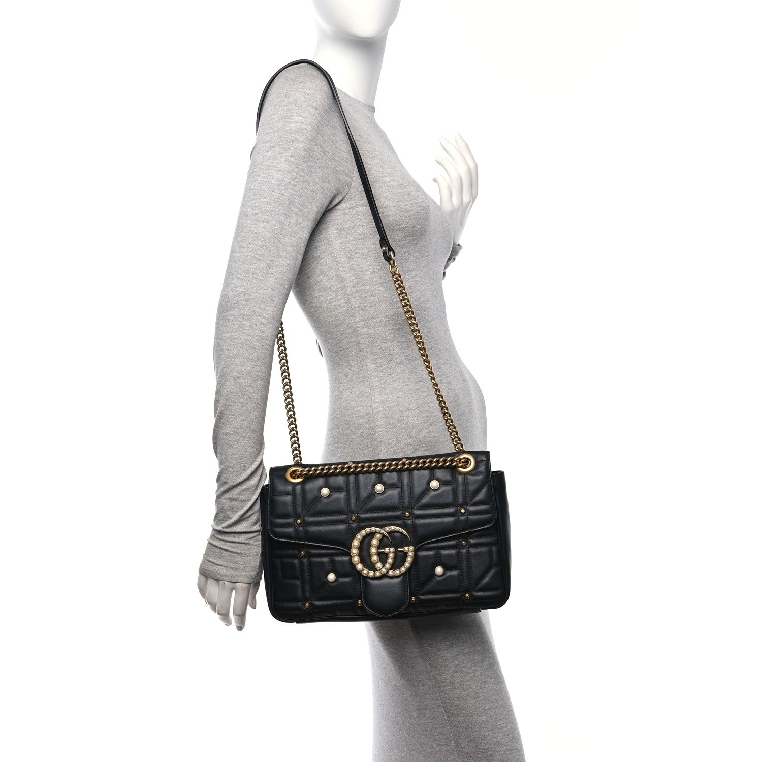 Gucci Calfskin Matelasse Studded Medium Pearly GG Marmont Shoulder Bag Black 2 of 11