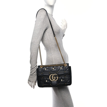 Gucci Calfskin Matelasse Studded Medium Pearly GG Marmont Shoulder Bag Black 2 of 11