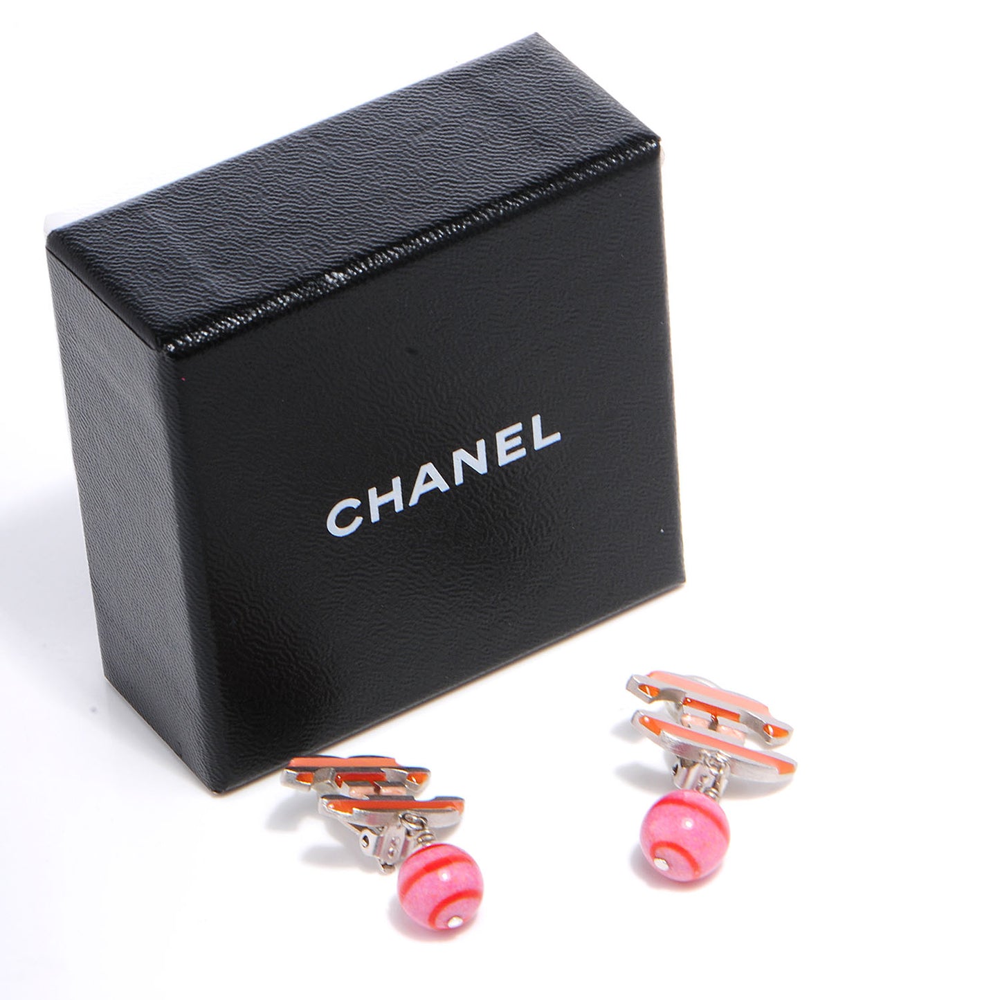 CC Enamel Striped Drop Clip On Earrings Pink Silver