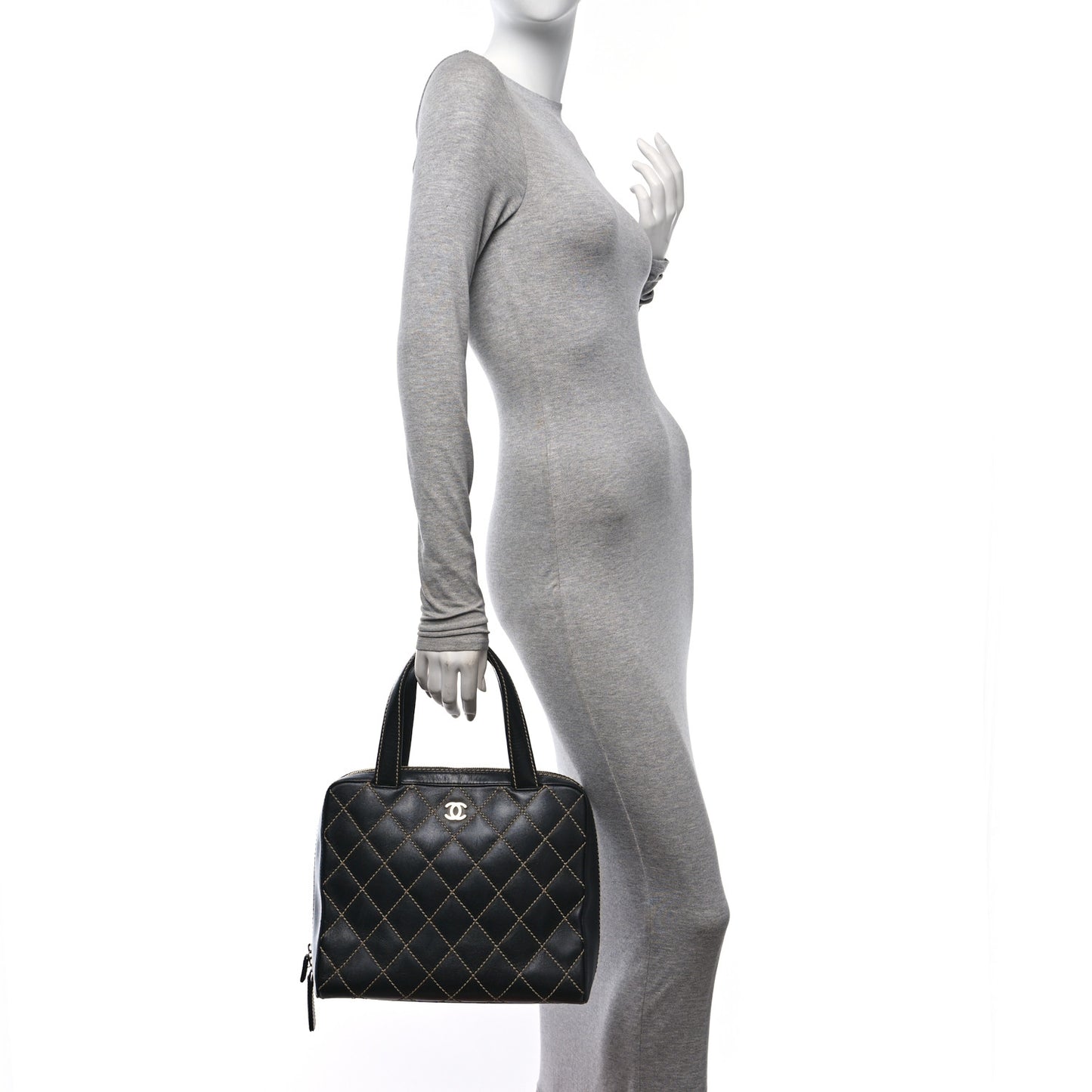 Calfskin Wild Stitch Vertical Top Handle Bag Black