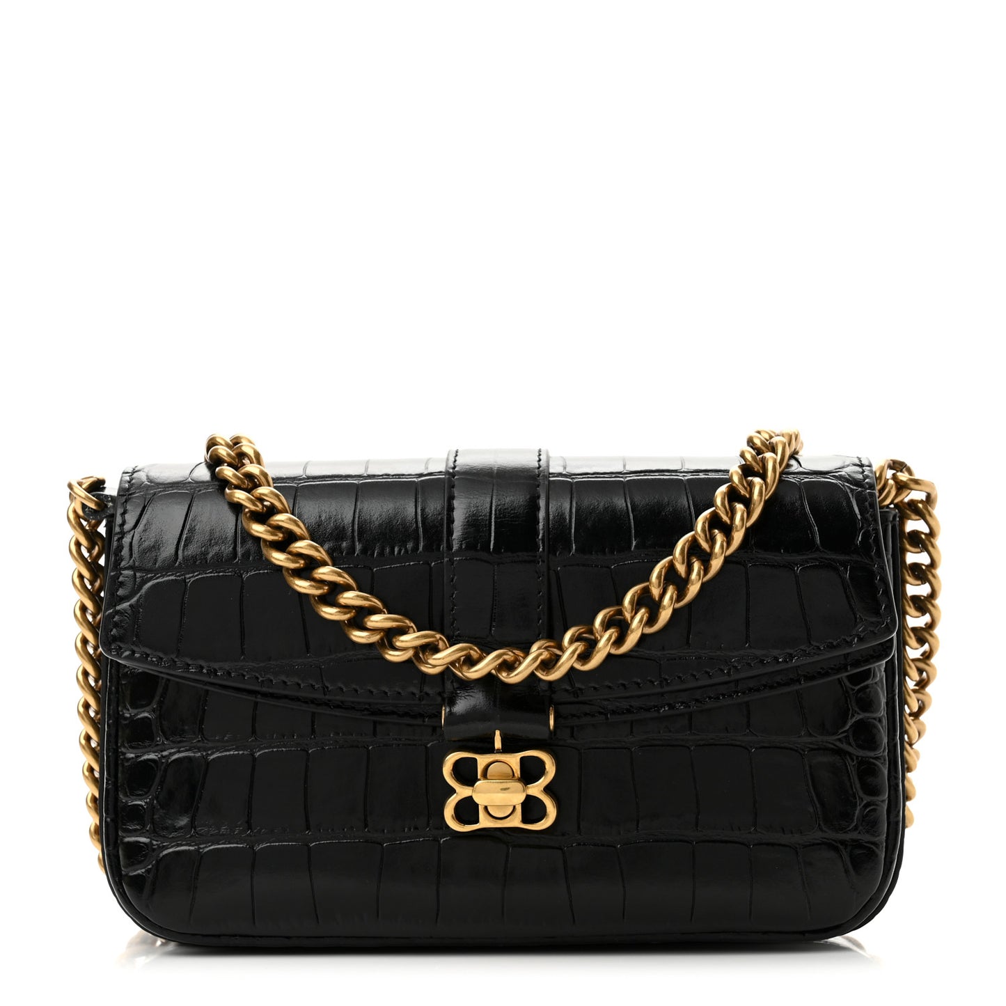Shiny Super Supple Calfskin Crocodile Embossed Minister Flap Bag XS Black