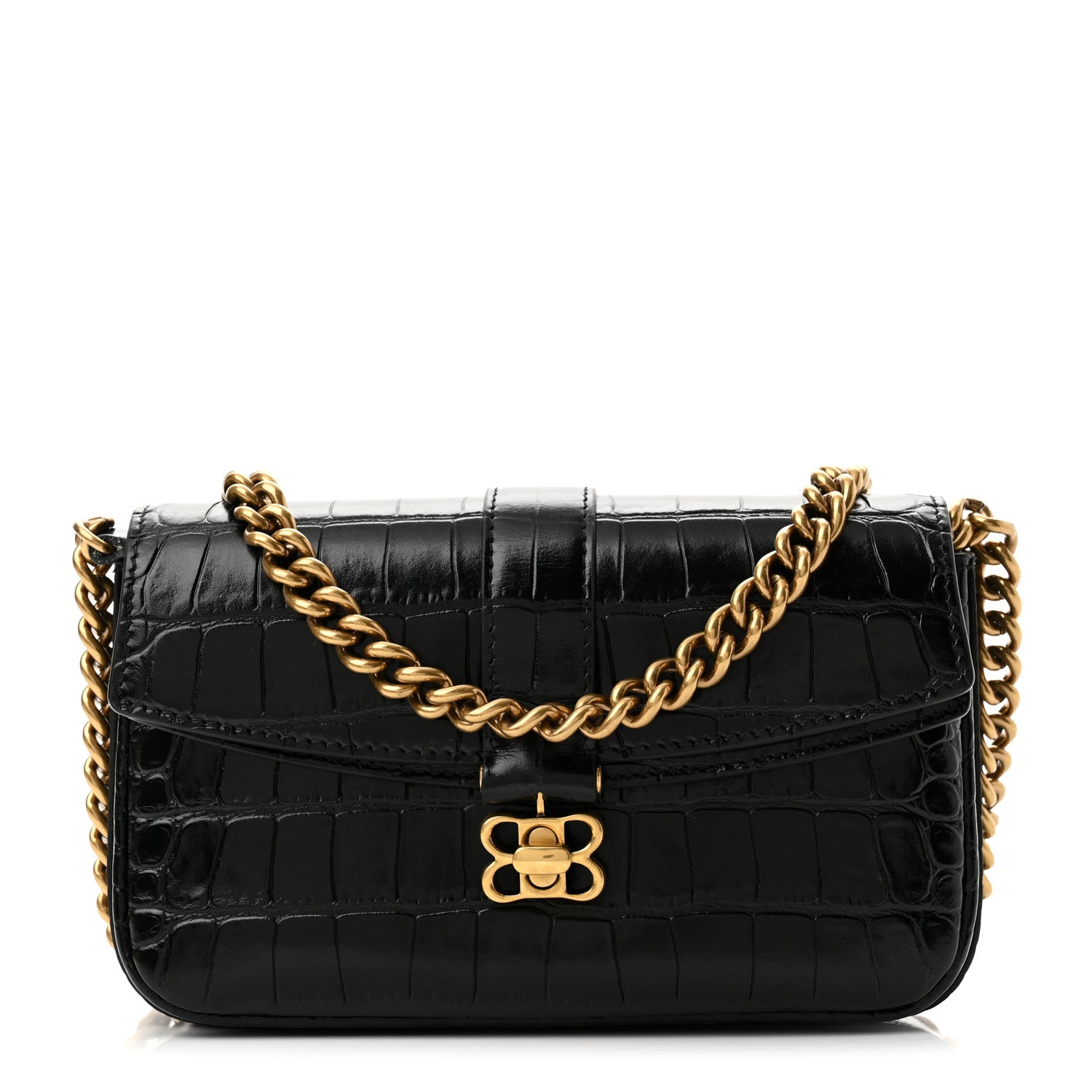 Balenciaga Shiny Super Supple Calfskin Crocodile Embossed Minister Flap Bag XS Black 1 of 10