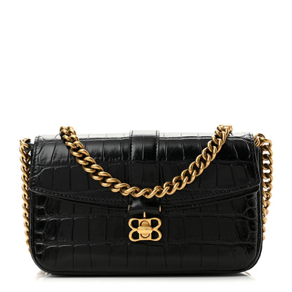 Balenciaga Shiny Super Supple Calfskin Crocodile Embossed Minister Flap Bag XS Black 1 of 10
