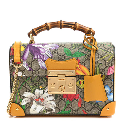 Gucci GG Supreme Monogram Flora Small Padlock Bamboo Shoulder Bag Beige Multicolor Crop 1 of 10