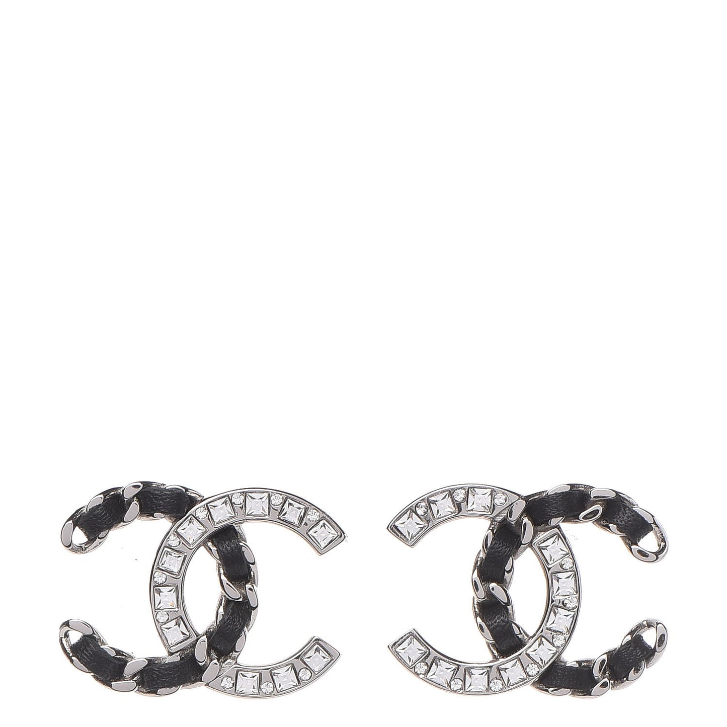 Crystal Baguette Lambskin Large CC Earrings Silver Black