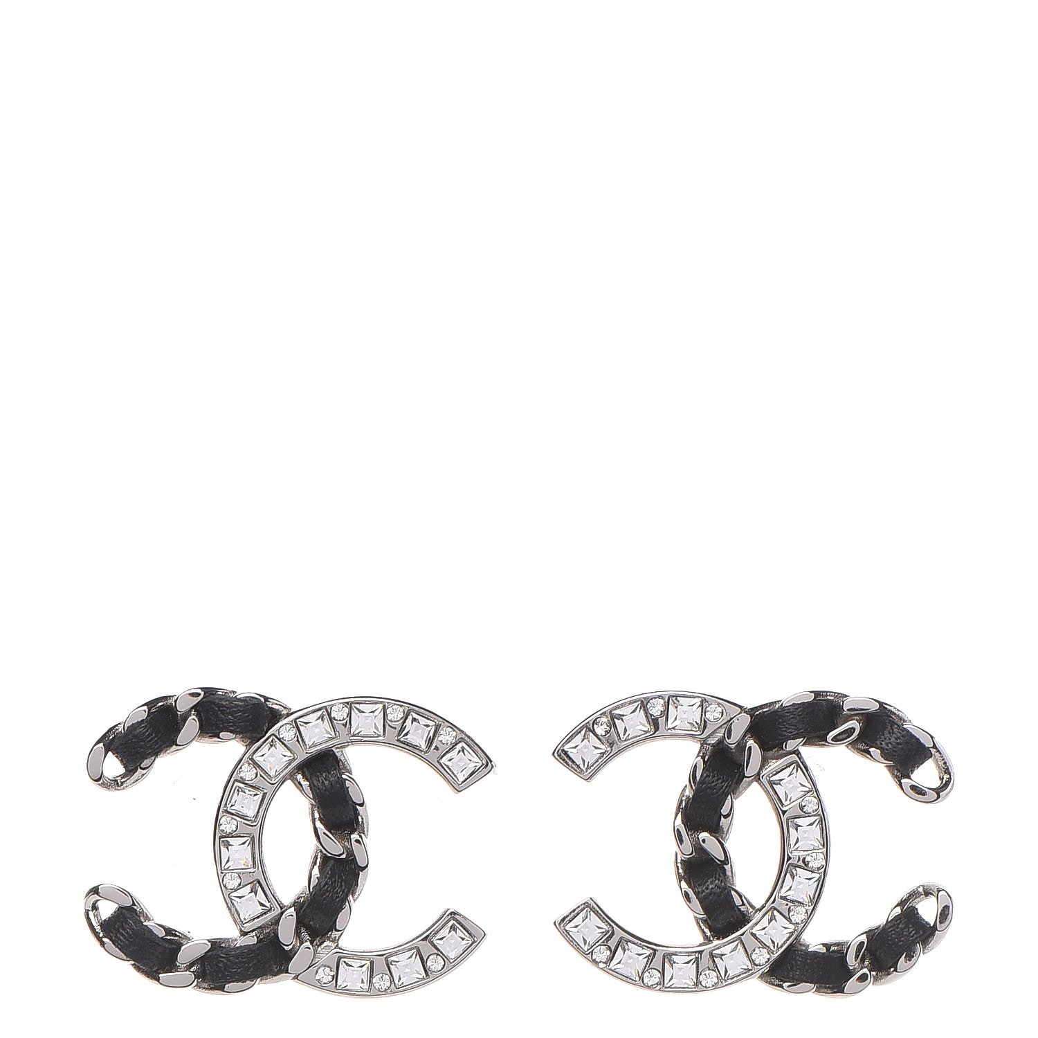 Chanel Crystal Baguette Lambskin Large CC Earrings Silver Black 1 of 6