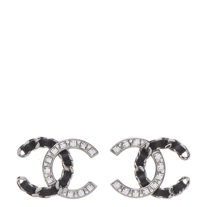 Chanel Crystal Baguette Lambskin Large CC Earrings Silver Black 1 of 6