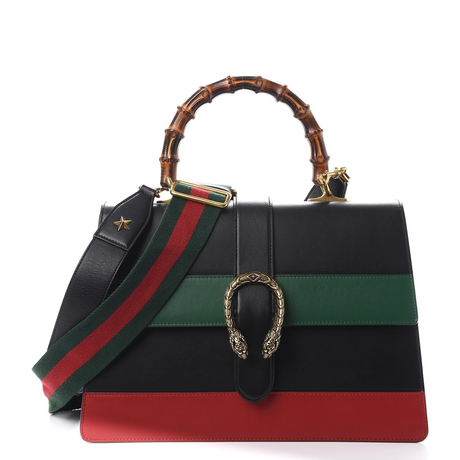 Gucci Calfskin Bamboo Web Large Dionysus Top Handle Bag Black Bright Evergreen Hibiscus Red 1 of 15