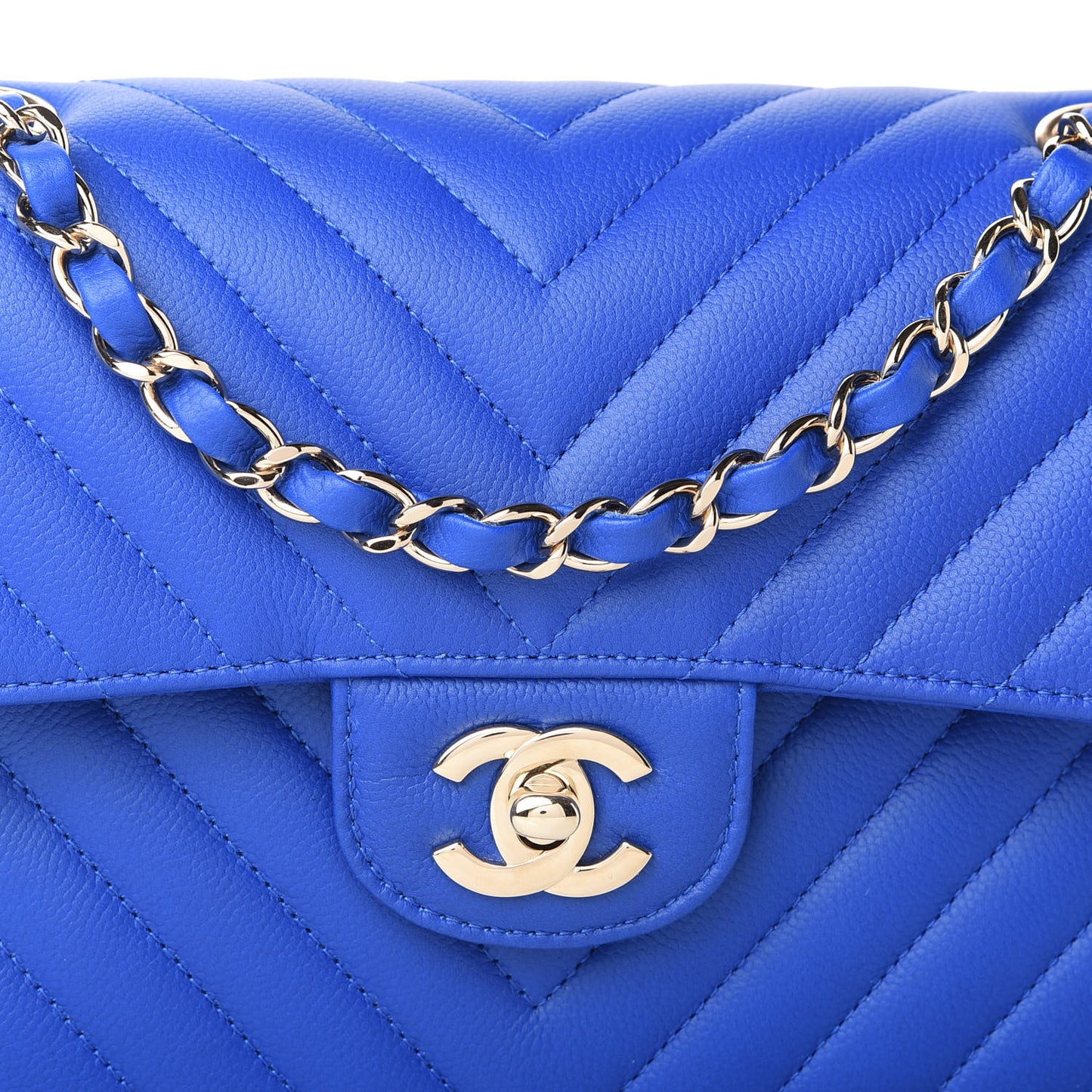 Caviar Chevron Quilted Small Double Flap Blue