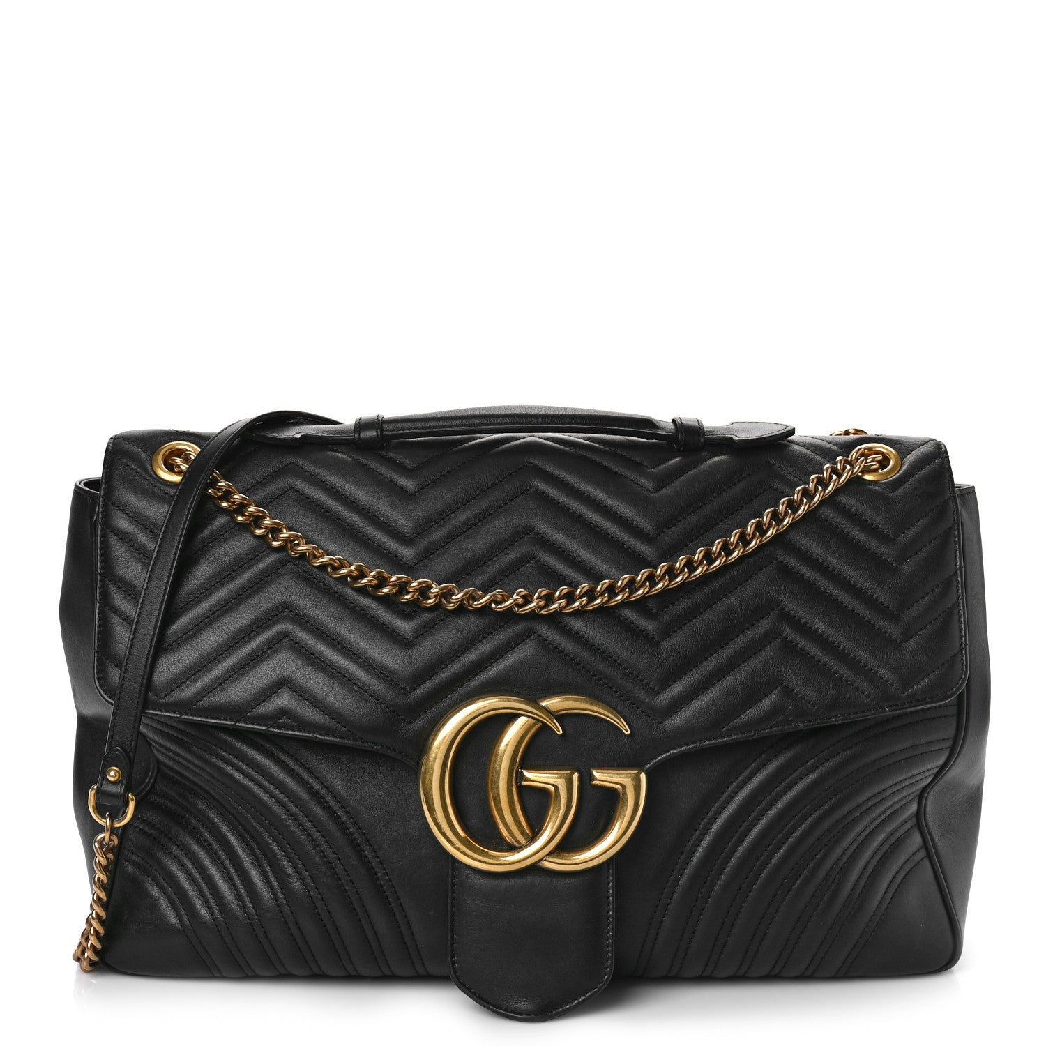 Gucci Calfskin Matelasse Maxi GG Marmont Top Handle Shoulder Bag Black 1 of 12