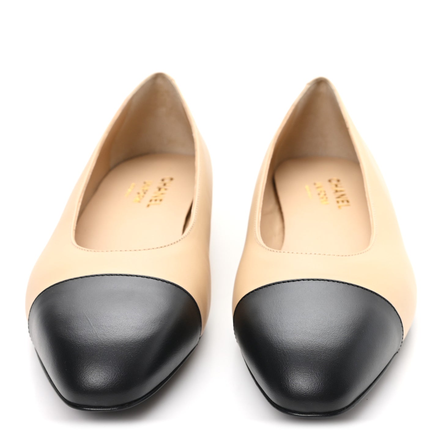 Lambskin Cap Toe CC Uniform Ballerina Flats 39.5 Beige Black