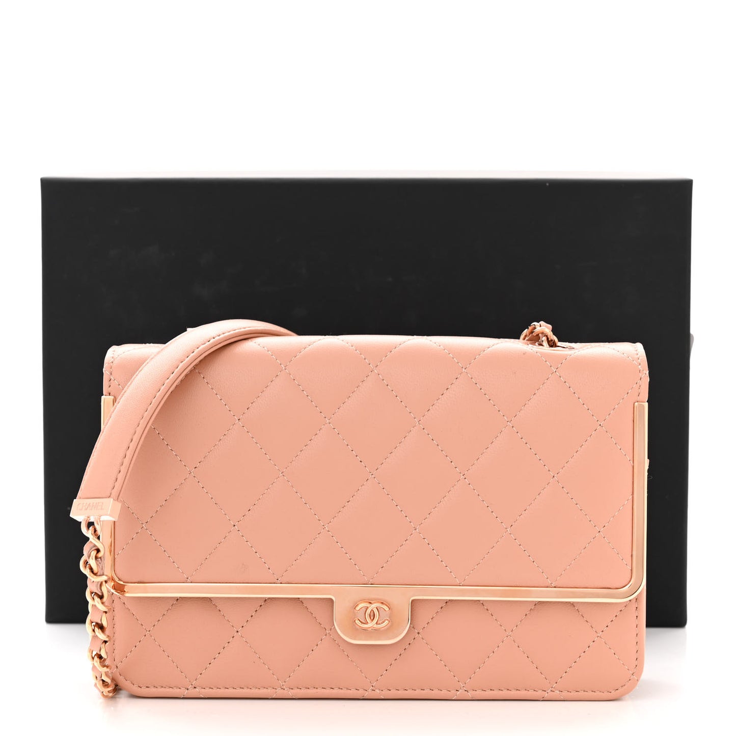 Lambskin Metal Quilted Wallet On Chain WOC Beige