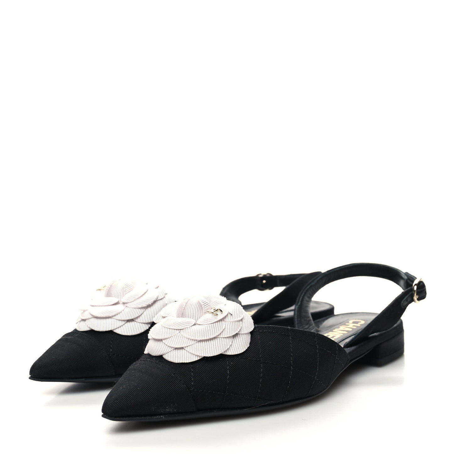 Lambskin Satin Camellia Slingback Flats 36 White Black