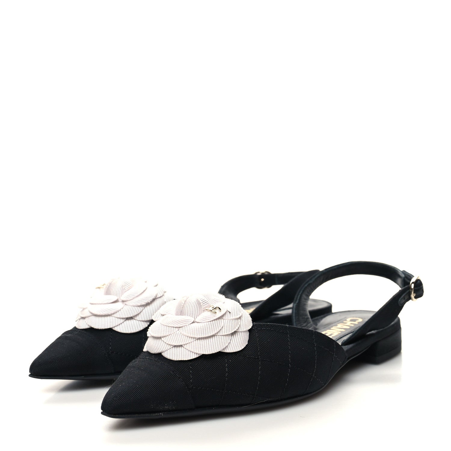 Chanel Lambskin Satin Camellia Slingback Flats 36 White Black 3 of 8