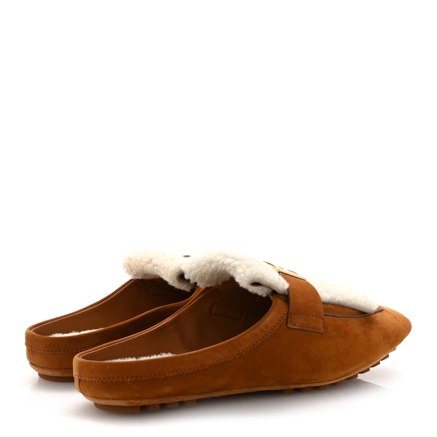 Suede Shearling Baguette Mules 38 Caramello Latte