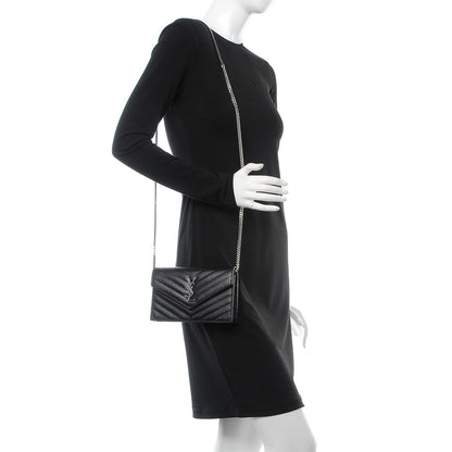 Saint Laurent Grain De Poudre Matelasse Chevron Monogram Envelope Chain Wallet Black 2 of 6