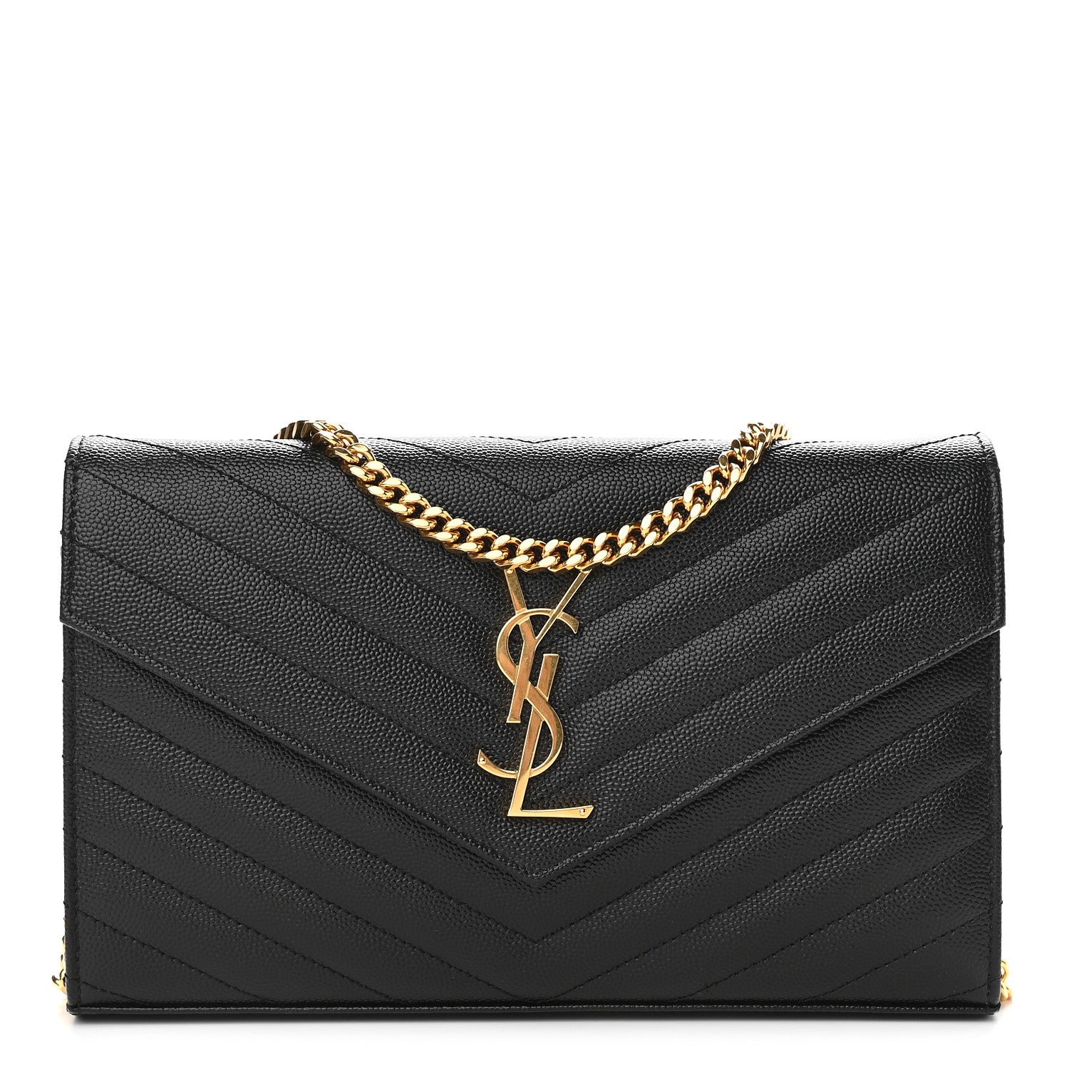 Saint Laurent Grain De Poudre Matelasse Chevron Monogram Chain Wallet Black 1 of 8