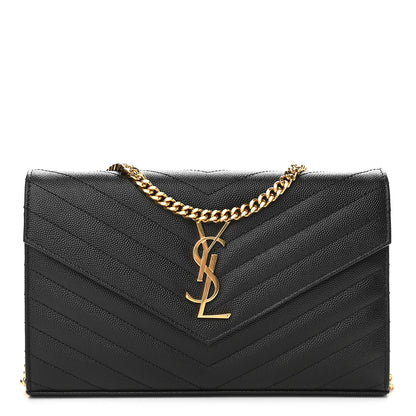 Saint Laurent Grain De Poudre Matelasse Chevron Monogram Chain Wallet Black 1 of 8