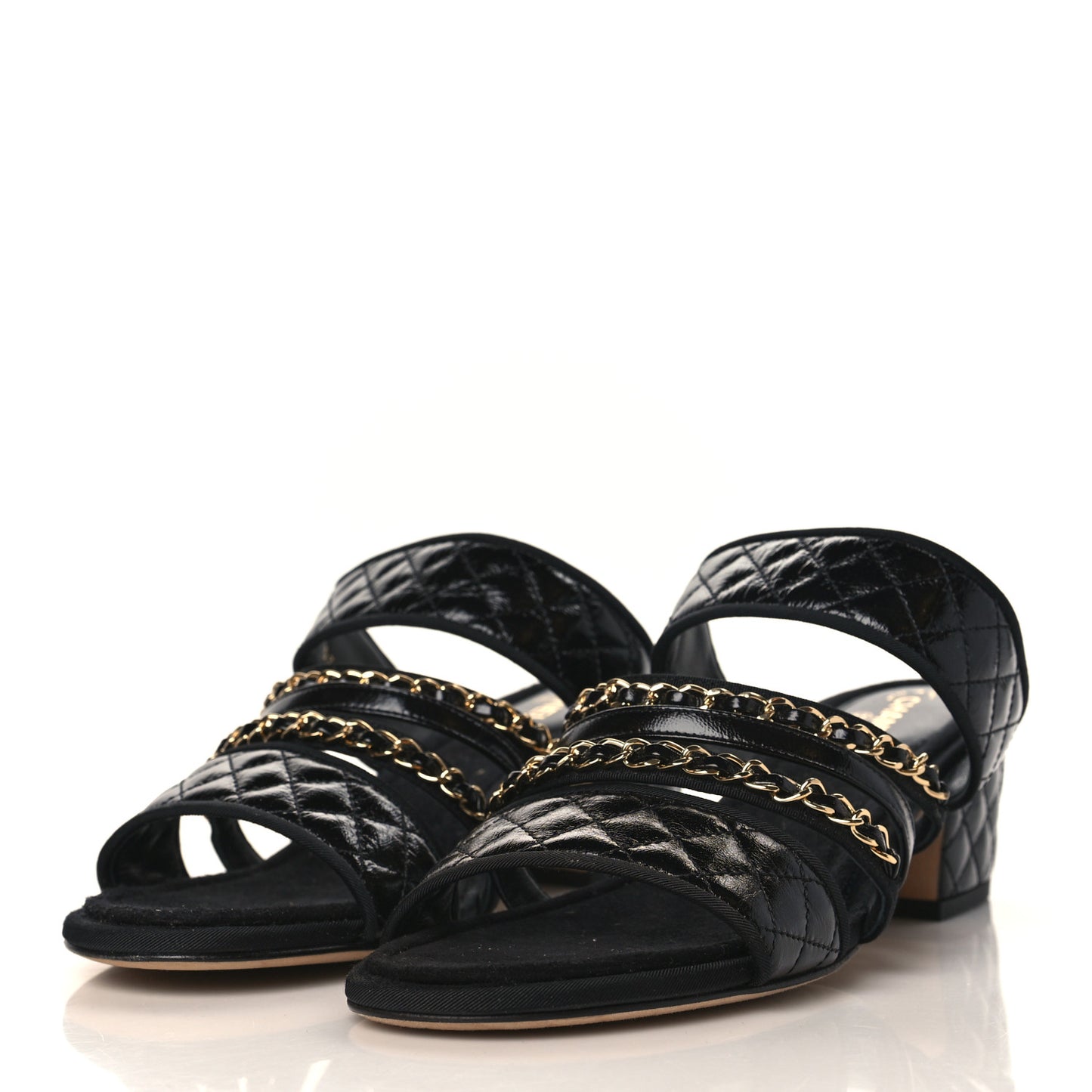 Distressed Patent Quilted Chain Mule Sandals 40.5 Black