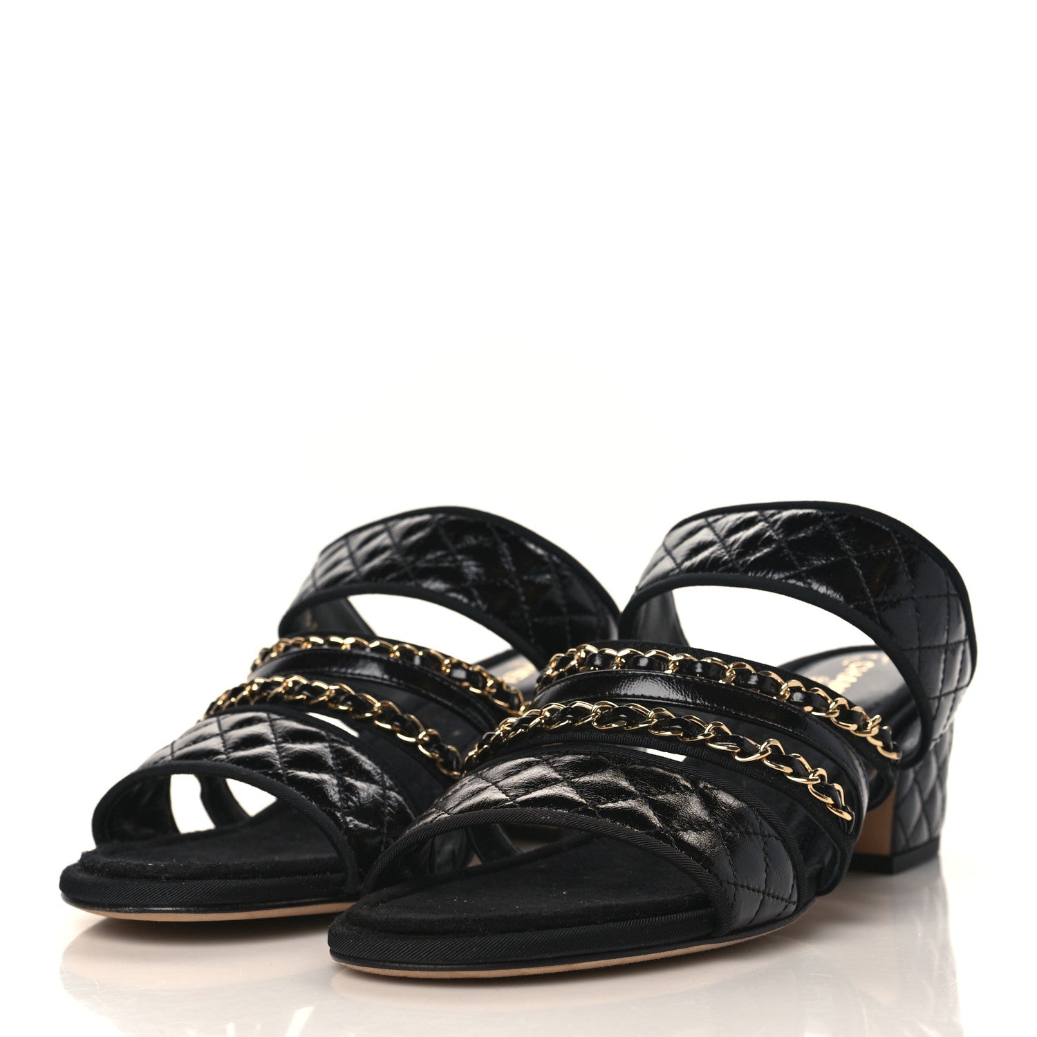 Chanel Distressed Patent Quilted Chain Mule Sandals 40.5 Black 3 of 8
